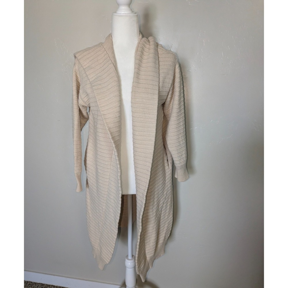 Lulus Hooded Open Cardigan Women Beige Longline Ribbed Knit Pockets MJ1753